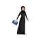 Muslim businesswoman with blue briefcase in hand. Young woman in long black dress and hijab. Flat vector design