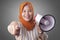 Muslim Businesswoman With Megaphone Pointing Forward, Join Us Concept