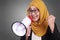 Muslim Businesswoman Shout With Megaphone, Advertising Concept