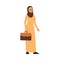 Muslim businesswoman in yellow hijab and dress, cartoon character Arab business woman with suitcase standing and smiling