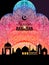 Muslim city mosque silhouette on watercolor background painting, design for Islamic holy month of prayers, Ramadan