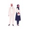 Muslim couple of arabian people wearing traditional modern outfit. Woman in hijab holding tablet. Saudi or uae man in