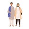 Muslim couple of modern Arab man and woman in casual outfits with hijab. Happy Saudi Arabian people portrait wearing