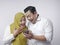 Muslim Couple Surprised when Looking at Smart Phone, Winning Gesture