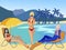 Muslim and european women on the beach. Vacations of different religions. In minimalist style Cartoon flat raster