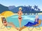 Muslim and european women on the beach. Vacations of different religions. In minimalist style Cartoon flat Vector