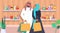 Muslim family couple in perfume store, flat vector illustration. Saudi arab man and woman with shopping bags. Perfumery.
