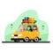 Muslim family travel back to hometown parents village with car to celebrate eid fitr holiday vector illustration. Indonesian mudik