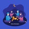 Muslim family and woman praying to Allah together during sahur eat time to prepare full day fasting vector flat illustration.