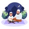 Muslim Father and Son Studying Quran Vector Illustration