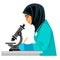 Muslim female doctor looking through microscope