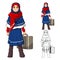 Muslim Girl Fashion Wearing Blue Red Veil or Scarf with Holding a Suitcase and Winter Outfit