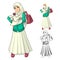 Muslim Girl Fashion Wearing Veil or Scarf with Holding a Bag and Dress Outfit