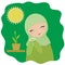 Muslim girl grows a plant. Vector illustration.