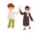 Muslim girl in hijab gives high five to smiling white boy, cartoon vector. Two kids of different heritage are friends.