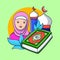 Muslim girl with koran colored cartoon illustration