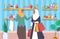 Muslim girls in perfume store, flat vector illustration. Arab women in traditional clothing and hijab with shopping bags