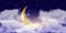 Muslim golden crescent in clouds with stars. Ramadan Kareem background. Vector