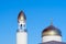 A Muslim golden dome with a crescent moon on the mosque. Minaret against the sky. Arab day. Islamic symbols of religion. Faith in