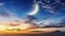 Muslim half moon and soft sunset at Arab night over the city. Light in dark sky. soft cloud. Ramadan background. Dramatic nature