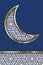 Muslim holiday greeting card template. Half moon crescent with traditional arabic islam art pattern