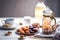 Muslim iftar breaking fast with dried dates, nuts and sweet drinks, with lantern lamp as decoration on white table