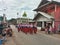 Muslim Indonesian students walking on the street with uniforms in celebrating the country's Independece Day