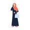 Muslim islamic woman, wearing hijab and abaya, talks on the phone. Modern Saudi Arab lady holding smart phone vector.