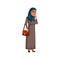 muslim lady with handbag choosing meat in butcher store cartoon vector