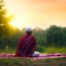 A Muslim man enjoys sunrise. A generative AI depiction of a man at peace.