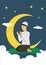 Muslim Man praying on a green mat with crescent moon, stars and a night background. Ramadan fasting or Hari Raya concept