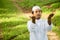 Muslim man praying outdoor. Nature landscape.Muslim man praying on green meadow.Muslim prayer,the light of faith, hope, faith.