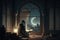 Muslim man reads the Koran (al quran) book at night near the window under the Ramadan Moon Light. Ai generated art