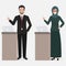 Muslim man and woman standing and presentation icon