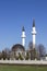 Muslim mosque shrine, a white mosque with a friend of the minarets in Tatar village Russia. Beautiful Islamic mosque