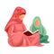 Muslim mother in red clothes read Koran to her daughter