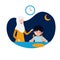 Muslim mother support her sleepy kid for sahur or pre-dawn meal before start fasting  illustration. family ramadan activity