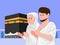 Muslim people praying in front kaba, Hajj and Umrah event celebration Islam Religion in cartoon illustration vector