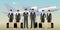 Muslim pilots and stewardesses characters in uniform with bags standing on flying aircraft background.