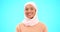 Muslim, wink and face of a woman with a smile, happiness and kindness. Islamic female with hijab and laughing for comic