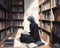 A muslim woman in an allblack hijab sitting in a library and reading despite being in the middle of Ramadan fasting.. AI