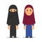 Muslim woman or Arab woman. Cartoon character stand in the traditional clothing. Isolated characters of representatives of Islam