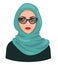 Muslim woman avatar, isolated on white. Young Arabic girl wearing hijab and sunglasses. Cartoon female portrait, flat