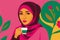 A muslim woman drink coffee. Aromatic Bliss. An arab Womans Coffee Journey. Generative AI