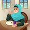 Muslim Woman Eating Breakfast at Home Illustration