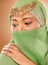 Muslim woman, face or fashion burka on studio background in Iranian human rights, religion empowerment or traditional