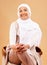 Muslim woman, fashion and hijab portrait with a smile, happiness and islamic style in arab culture with peace, calm and