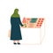 Muslim Woman in Hijab Buying Vegetables, Modern Arab Girl Character in Traditional Clothing Standing Near Market Stall