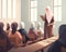 A Muslim woman in hijab leading a lesson to her pupils in a clroom full of eager students.. AI generation