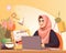 A Muslim woman in hijab managing her work and family life with a smile.. AI generation